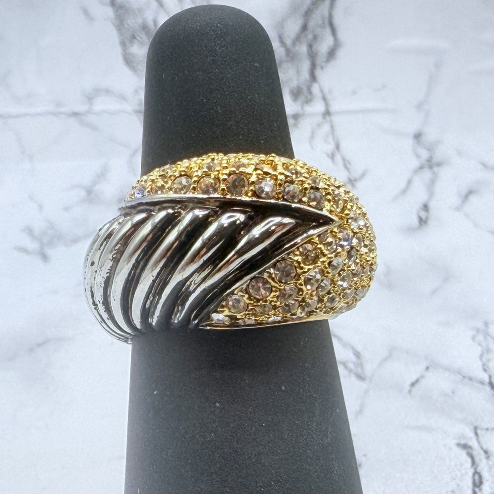 Silver Tone Gold Rhinestone Dome Ring Size 5 Statement Cocktail